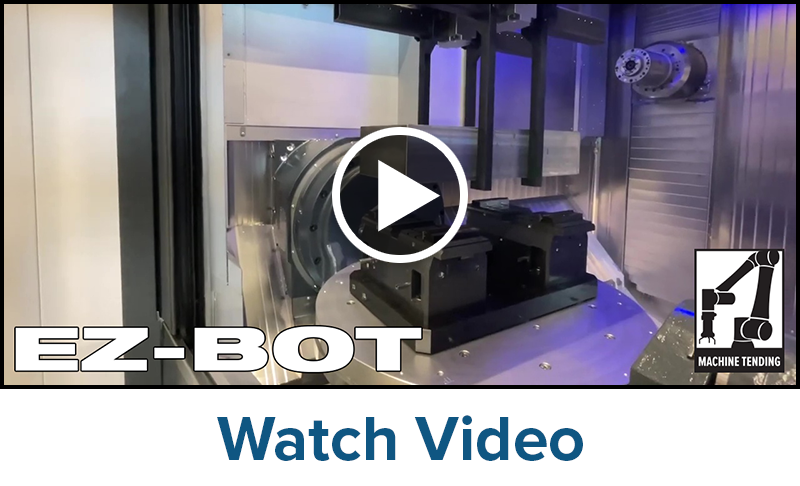 A robotic machine arm operates inside a Heller machine. The words EZ-BOT and Watch Video are displayed, along with a play button and a Machine Tending logo in the lower right corner.