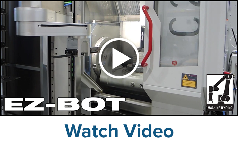 A robotic machine tending system labeled EZ-BOT is positioned next to a Hermle machine behind a safety cage. There are warning signs on the fence and a play button icon over the center indicating a video.
