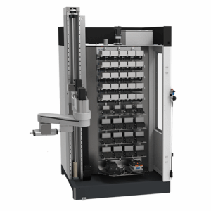 A robotic arm inside an EZ-BOT automation machine with multiple storage slots arranged vertically, control panel on the side, and a clean, metallic design.