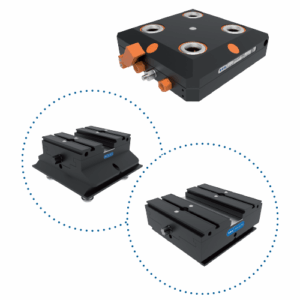 The ZeroLoX® P80Z Zero Point clamping console with metal and orange components is shown above two Zero Clamp units arranged within dotted circles.