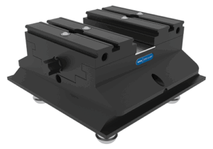 A Zero Clamp vise with a flat base, adjustable knobs, and multiple T-slots on top for securing workpieces, placed on a white background.