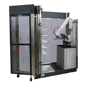 A white industrial robotic arm operates inside a glass-enclosed EZ-COB tending machine with metallic panels and control units, positioned on wheels for mobility. 