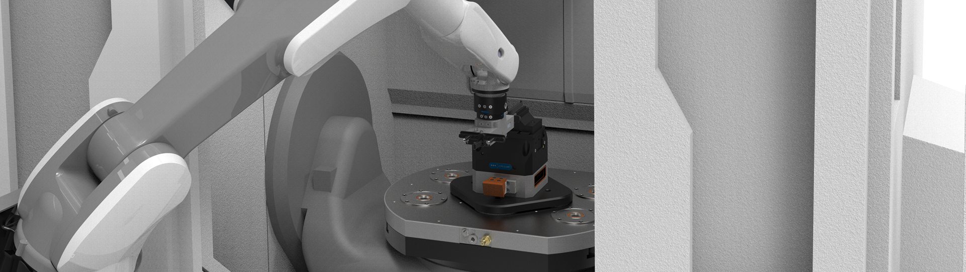 A robotic arm inside a CNC machine is positioned over a circular work holding platform with a Zero Point clamping system in the center. The scene shows an automated machine tending process.