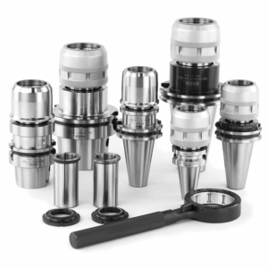 A group of Multi Lock Milling Chucks are arranged upright, with collets and a spanner wrench placed in front of them on a white background.