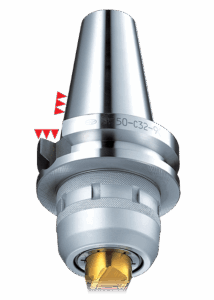 A close-up view of a Multi Lock Milling Chuck tool holder with a cutting tool inserted at the bottom. Red arrows point to the flange area of the holder, highlighting a specific feature or direction.