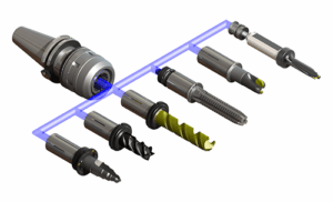 A diagram showing a Multi Lock Milling Chuck tool holder on the left, connected by a blue line to six different interchangeable collet types.