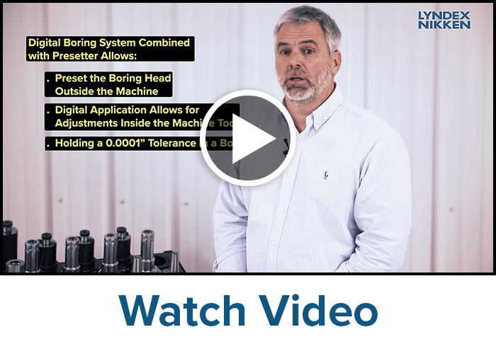 A man with gray hair and a beard stands next to machine tool components. Text on the image highlights features of a digital boring system. A play icon suggests this is a video. The LYNDEX NIKKEN logo is in the upper right corner.