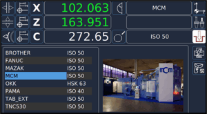 A Presetter interface displays coordinates for X and Z axes, a menu listing brands and spindle types, and a photo of an industrial machine inside a factory setting. Various icons are on the right and top.