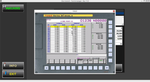 A Presetter screen displays the FANUC Series 31i-MODEL B interface with a tool data list. Buttons labeled MACHINE, INFO, and EXIT are on the left side of the screen.