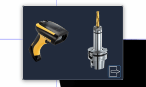 A handheld barcode scanner and a tool holder with a drill bit are shown side by side on a dark background with a small white arrow icon in the lower right corner.