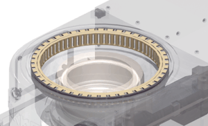 A close-up view of a mechanical assembly featuring a circular roller bearing with evenly spaced cylindrical rollers inside a transparent casing. The bearing surrounds a central opening.