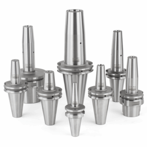 Eight shrink fit tool holders of varying sizes are arranged upright on a white background. Each holder has a flanged middle section and a tapered, cylindrical shape.
