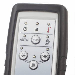 An Fi6 Shrink Fit pendant with buttons and indicator lights. The buttons include power, lock, temperature, auto, mode, hand, fan, and heat functions. The pendant is bordered by a black frame.