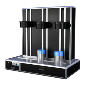 An Fi6 Shrink Fit Machine with three black inductors at the top and two blue-capped cylindrical containers at the bottom.