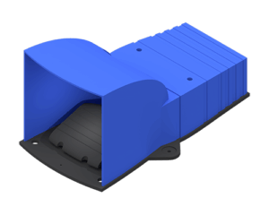 A blue and black plastic foot pedal device with a protective blue cover and ribbed surface, mounted on a flat black base. The design appears industrial, with screws visible on the top section.