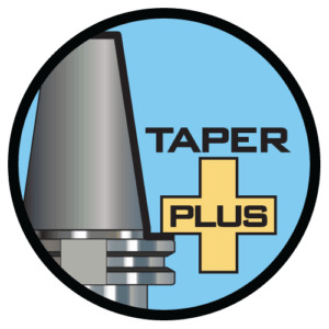 A circular logo featuring a tool holder taper on the left, the words TAPER PLUS on the right, and a yellow plus sign behind PLUS, all set against a blue background.