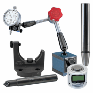A group of precision measuring and machining tools, including a dial indicator with a magnetic base, a digital gauge, a tool holder, a collet, and a V-block.