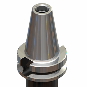 A 3D-rendered image of a metallic tool holder with a tapered, conical shape and grooves near the base, commonly used in CNC machining for securing cutting tools.