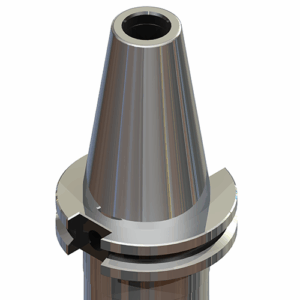 A 3D rendering of a metallic machine tool holder with a conical shape, a central hollow opening at the top, and a flange with a lateral slot near the base.