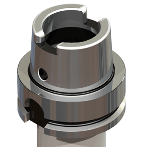 A close-up rendering of a metallic mechanical component with grooves, notches, and circular cutouts, possibly part of a coupling or connector, displayed against a white background.