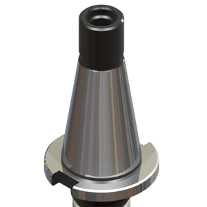 A 3D-rendered image of a metal CNC tool holder with a conical body, a cylindrical top section, and a protruding flange near the base. The surface is shiny and reflects light.