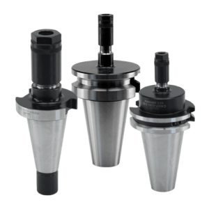A group of three DA Collet Chucks with conical bases and cylindrical tops, designed for use in CNC machines or milling equipment, are arranged upright against a white background.