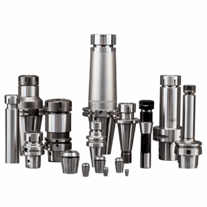 A group of various ER tool holders and collets, arranged upright in rows on a white background, showing different shapes and sizes suitable for industrial machinery or CNC equipment.