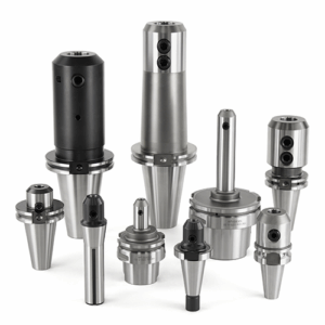 A group of nine End Mill Holders of various sizes and shapes, arranged upright on a white background.