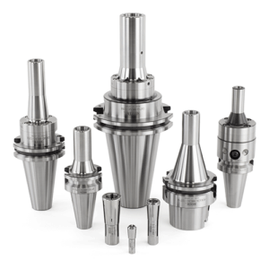 Five MMC precision metal tool holders and three collets of varying sizes are arranged upright on a white background.