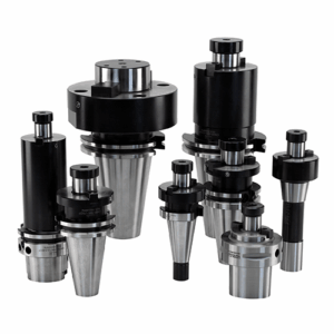 A group of eight Shell Mill Holders of varying sizes and designs, arranged upright against a white background.