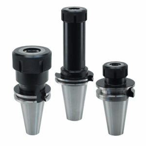 A group of three TG Collet Chucks with cylindrical black tops and conical silver bases are arranged side by side against a white background.