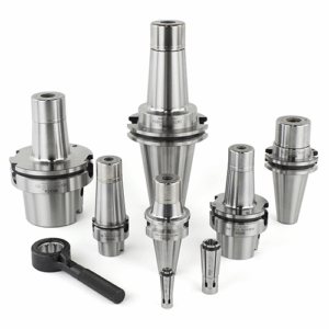 A group of six VC Collet Chucks of varying sizes with two metal collets and a black spanner wrench on a white background.