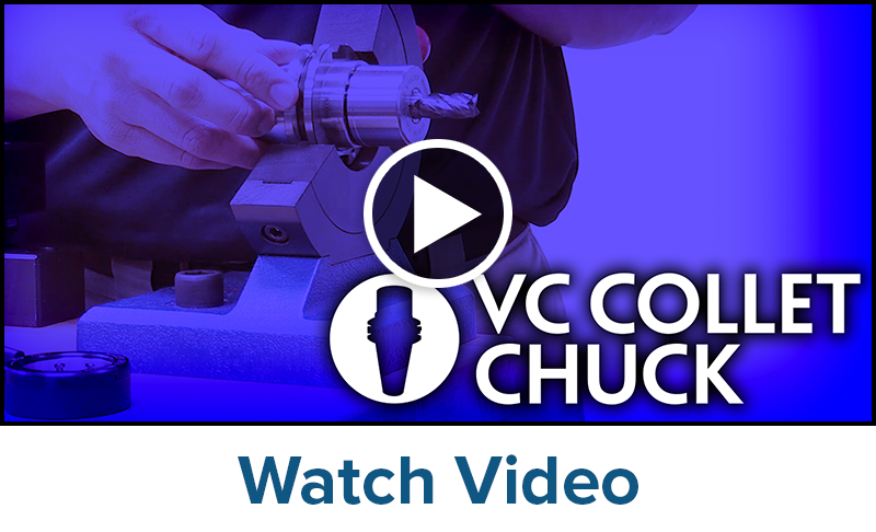 A person demonstrates using a VC Collet Chuck on a workbench. The image features a blue overlay with the text VC Collet Chuck and Watch Video, plus a play button icon in the center to highlight VC Collet Chucks in action.