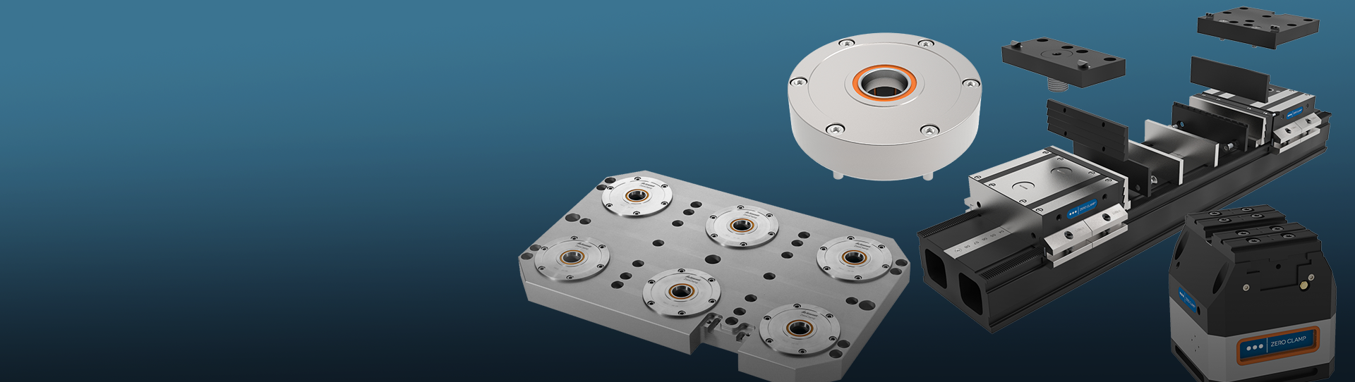 Several precision metal machine components, including those from a clamping system, feature round and rectangular parts with visible bolts and sliding mechanisms on a blue gradient background. Some parts appear modular or in the process of assembly.