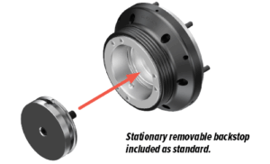 A close-up view of a metal mechanical part featuring a quick change flex collet, with a red arrow pointing to the removable backstop component. Text below states, Stationary removable backstop included as standard.