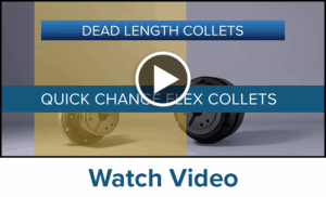 A video thumbnail featuring the text Dead Length Collets and Quick Change Flex Collet over images of two collets, divided by a yellow and gray background. A play button is centered, with 