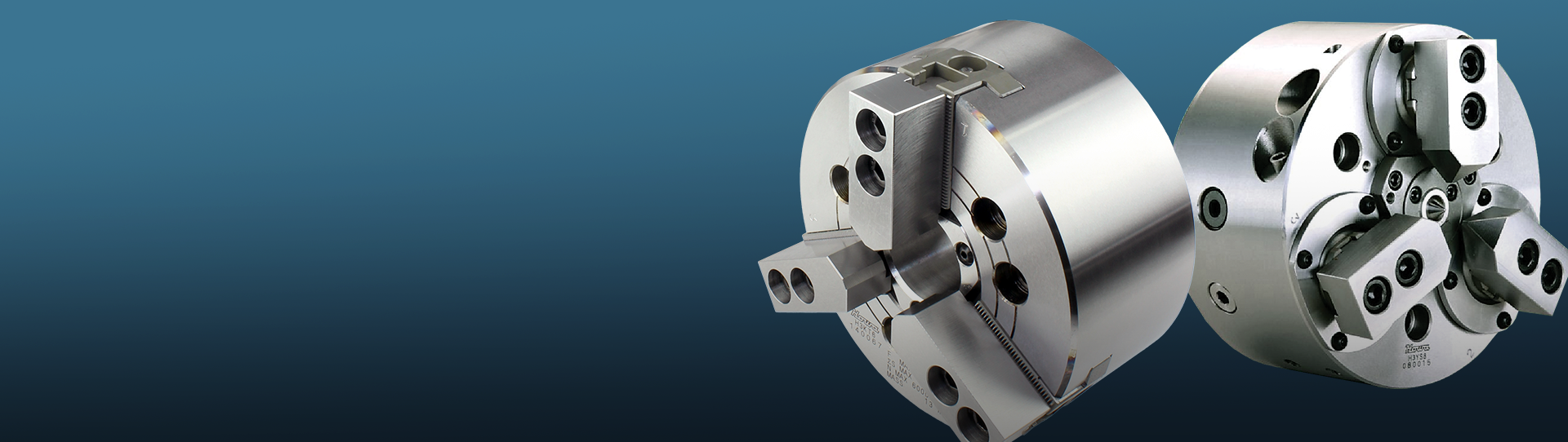 Two Hydraulic Power Chucks are shown against a blue gradient background.