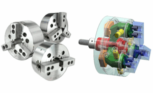 Three hydraulic power chucks with jaws are shown on the left, while a color-coded technical diagram of a hydraulic power chuck is displayed on the right.