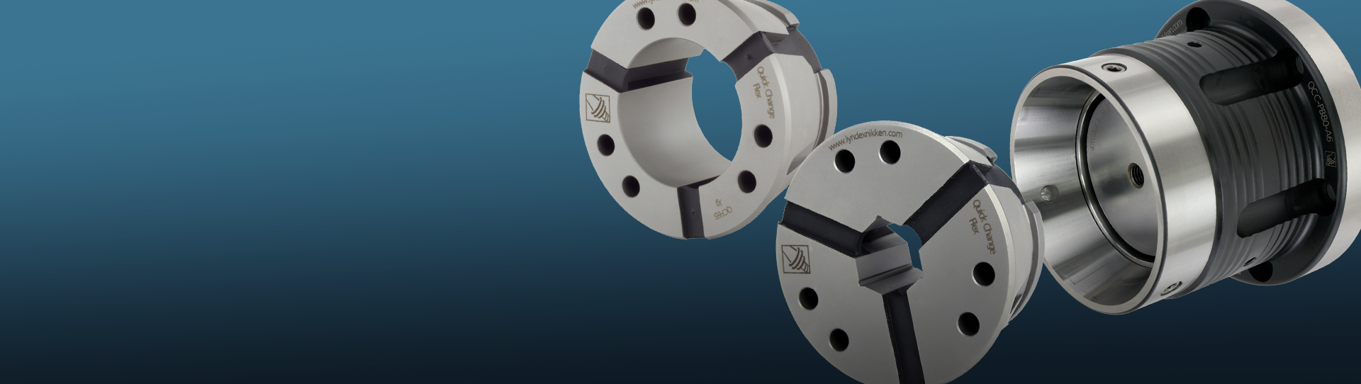Close-up view of two round metal machine tool components with black grooves and holes, featuring a Quick change flex collet design, set against a blue gradient background. Another similar component is partially visible on the right side.