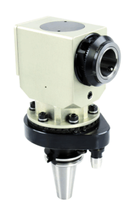 A Quick Change Right Angle Head tool holder with a rectangular body, cylindrical attachment, adjustment dial, and a conical shank, designed for use in CNC machining or milling equipment.