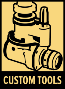 Illustration of a mechanical tool part in black on a yellow background with the words “CUSTOM TOOLS” in bold black capital letters underneath the image.
