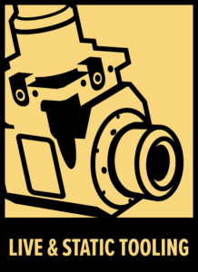 A simplified illustration of a machine tool head in black on a yellow background with the text LIVE & STATIC TOOLING beneath the graphic.