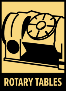 A black outline drawing of a rotary table machine is shown on a yellow background. The words ROTARY TABLES appear in bold, black letters at the bottom.