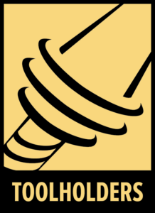 A stylized black outline of a toolholder is shown on a yellow background, with the word TOOLHOLDERS in bold capital letters at the bottom.