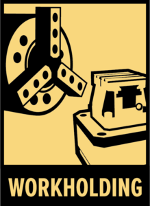 Illustration of a lathe chuck and a bench vise, both used for securing materials during machining or work processes, with the word WORKHOLDING displayed at the bottom.