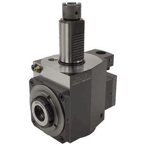 A metal industrial machine tool holder with a cylindrical shaft, a square base, visible screws, and engraved markings, designed for precise attachment in automated or CNC machinery.