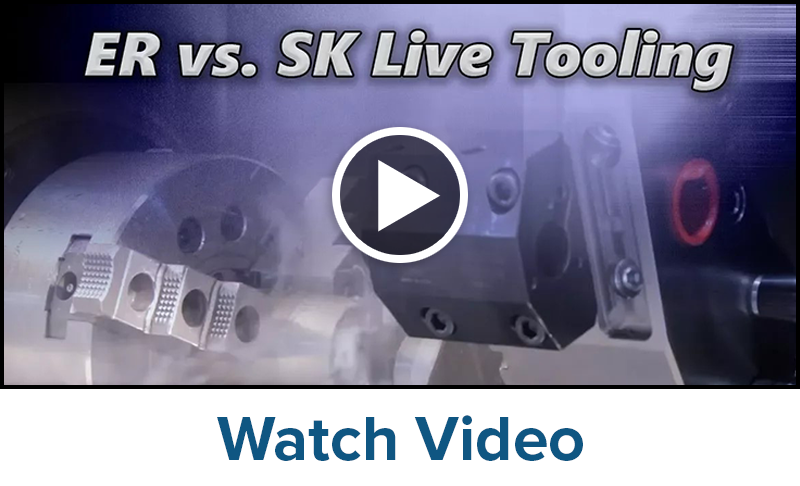 A screenshot of a paused video showing CNC machine tooling with the text ER vs. SK Live Tooling at the top and a play button in the center. Below, there is a button labeled Watch Video.