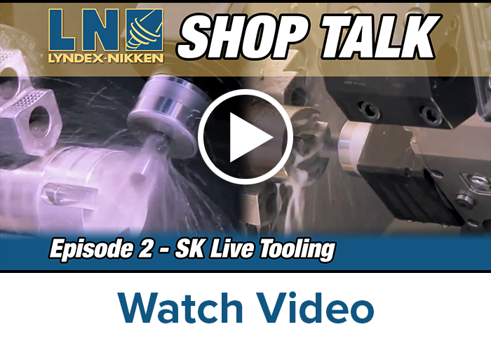 Thumbnail image for a video titled “SHOP TALK Episode 2 – SK Live Tooling” by Lyndex-Nikken, showing CNC machine parts being sprayed with coolant, with a play button in the center and “Watch Video” text below.