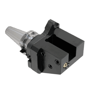 A metal industrial tool holder with a silver tapered shank and a black rectangular block attachment, featuring multiple screws and machined holes, is shown on a plain white background.