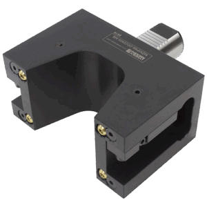 A black, rectangular metal mechanical component with a U-shaped cutout, several screws, and a silver cylindrical connector on one end, displayed on a plain white background.